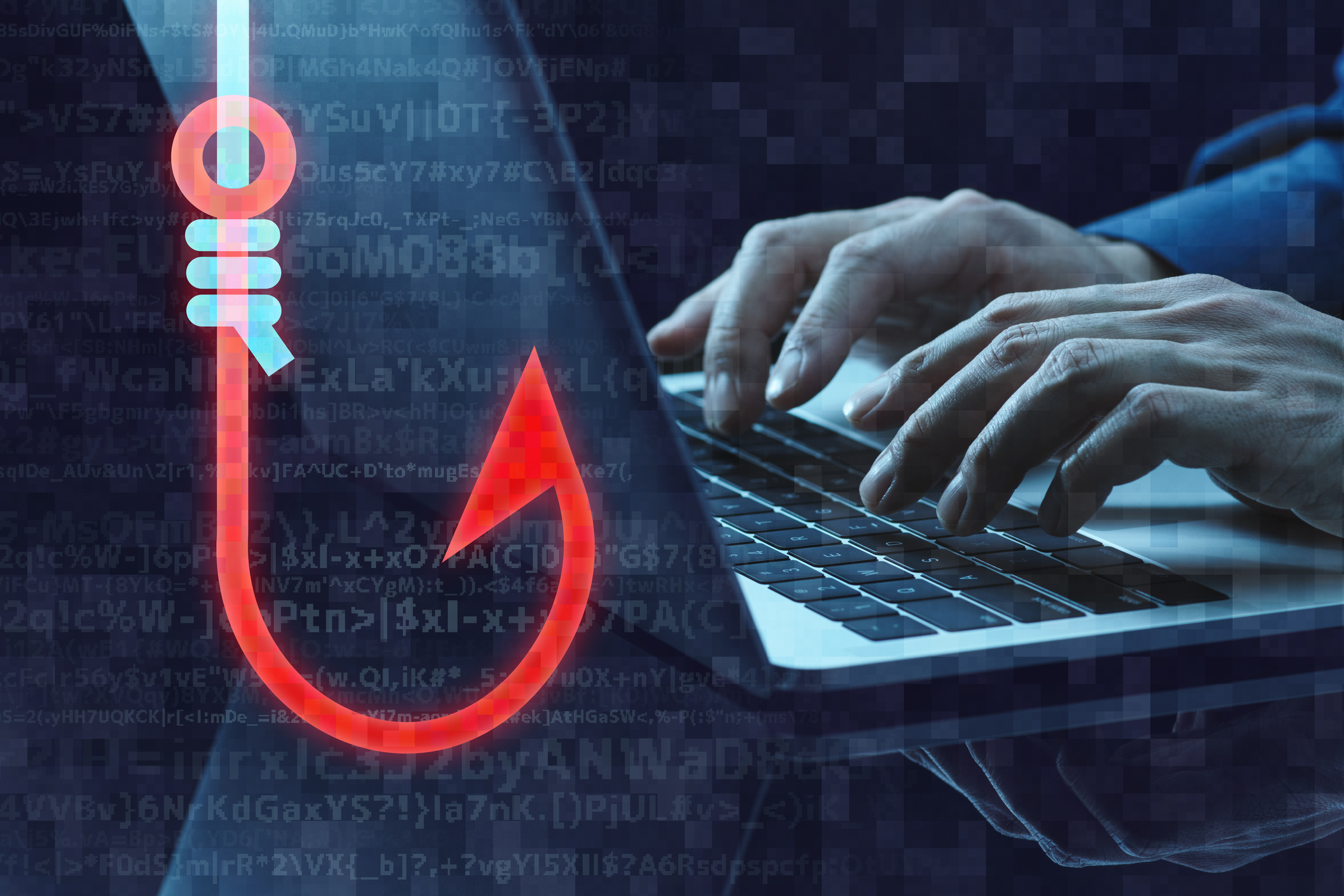 Phishing scam image. Fishhook icon and laptop.