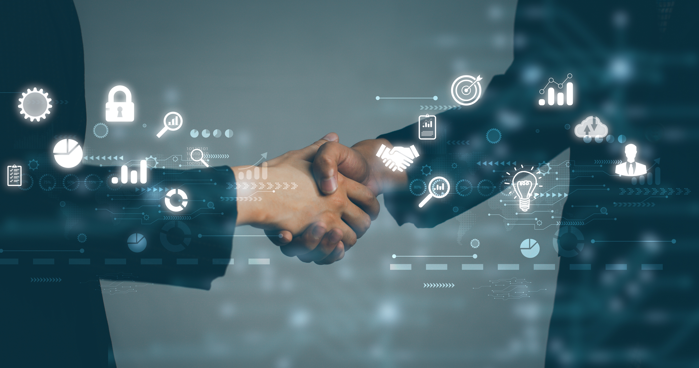 Business and Technology. Businessman and Businesswoman shake hands blurred background, white digital and interface icon.