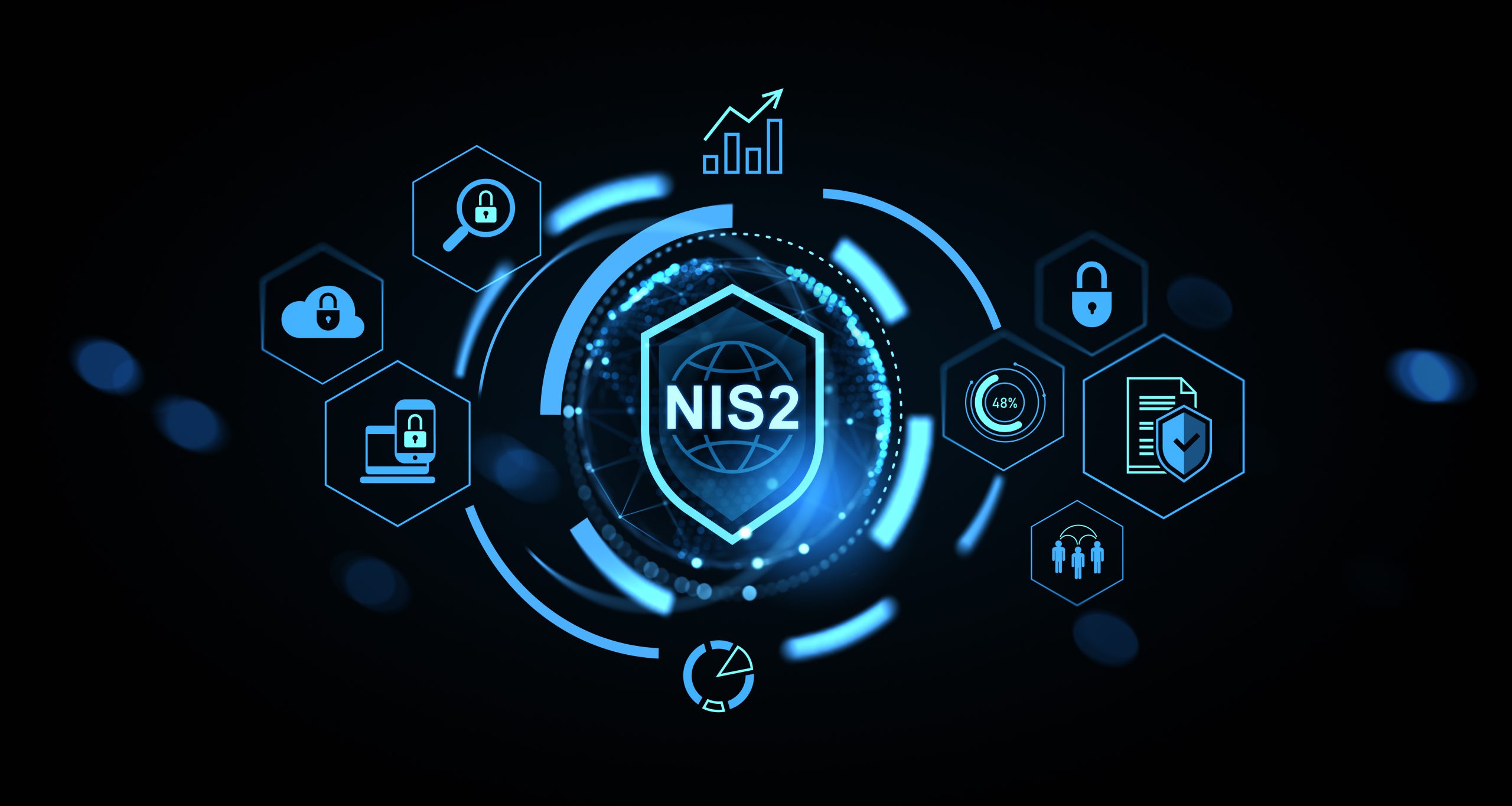 NIS2 cybersecurity regulation concept with futuristic hologram interface icons and digital protection symbols on glowing tech background. 3D Rendering